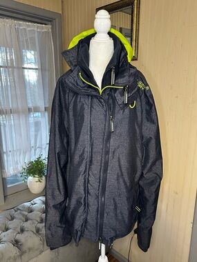 Superdry Windcheater Jacket Mens 2XL Neon Hooded Full Zip Double Zip Coat